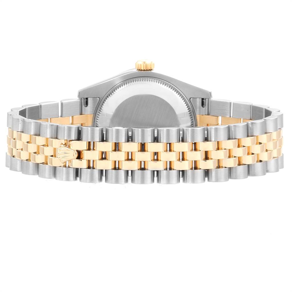The image shows the back view of a Rolex Mid-Size 178383 Women's Steel and Gold (two tone) Silver Dial 178383 Women's Steel and Gold (two tone) Silver Dial model watch, highlighting its two-tone bracelet and case back.