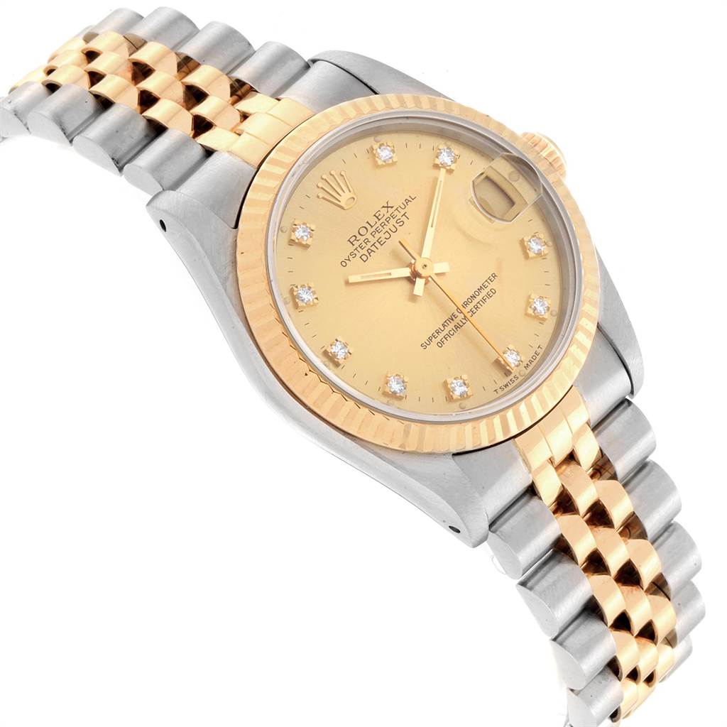The Rolex Mid-Size 68273 Women's Steel and Gold (two tone) Champagne Dial 68273 Women's Steel and Gold (two tone) Champagne Dial Datejust watch is shown at an angled view, displaying the face, bezel, crown, and partially the bracelet.