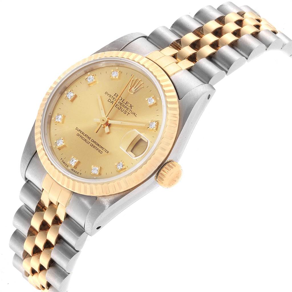 The image shows a Rolex Mid-Size 68273 Women's Steel and Gold (two tone) Champagne Dial 68273 Women's Steel and Gold (two tone) Champagne Dial watch at an angle highlighting its dial, bezel, and part of the bracelet.
