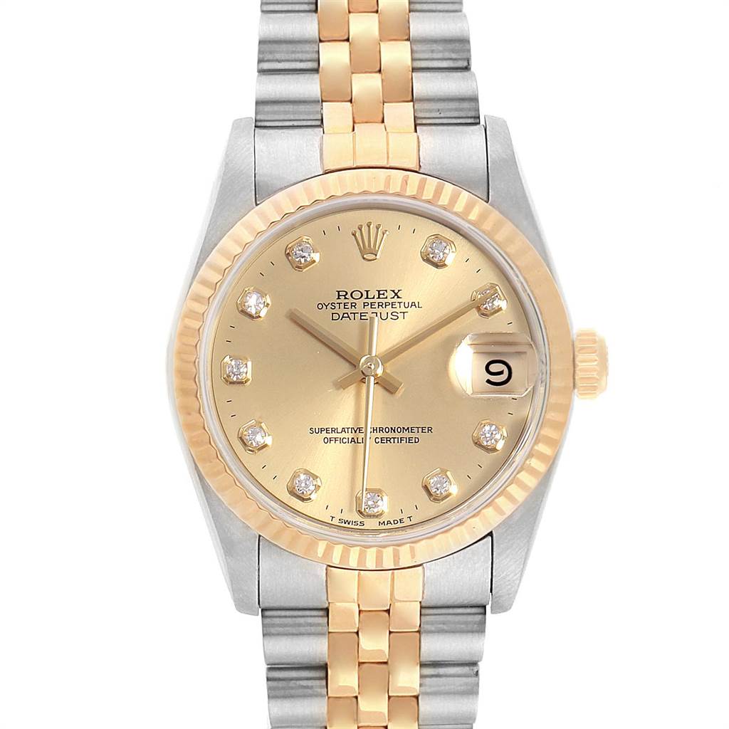 The image shows a front view of a Rolex Mid-Size 68273 Women's Steel and Gold (two tone) Champagne Dial 68273 Women's Steel and Gold (two tone) Champagne Dial Oyster Perpetual Datejust watch with a silver and gold bracelet and a champagne dial.