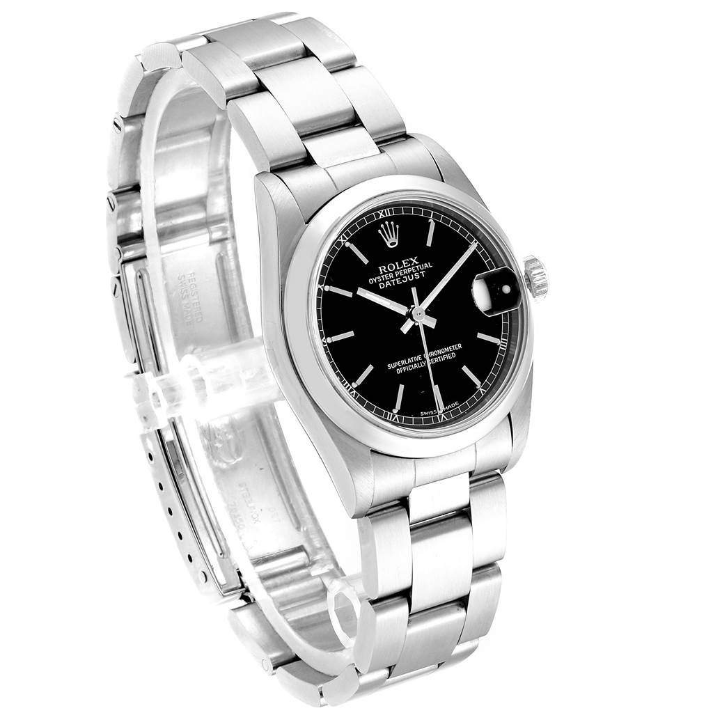 The Rolex Mid-Size 78240 Women's Stainless Steel Black Dial 78240 Women's Stainless Steel Black Dial Datejust watch is shown at a three-quarter angle, displaying its black dial, bracelet, and clasp.