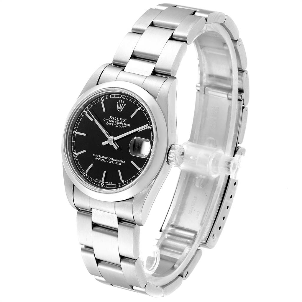 The Rolex Mid-Size 78240 Women's Stainless Steel Black Dial 78240 Women's Stainless Steel Black Dial watch is shown at a three-quarter angle, displaying the face, bezel, bracelet, and clasp.