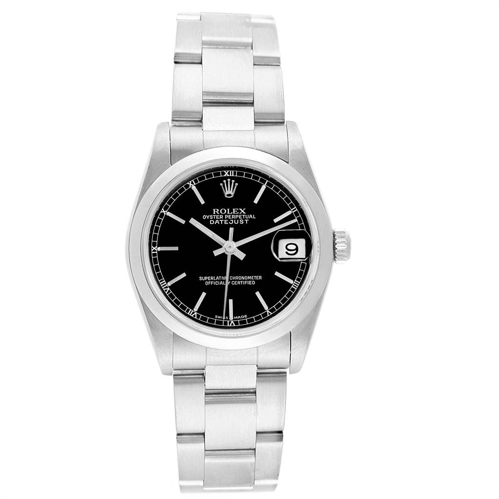 This image shows a Rolex Datejust Mid-Size watch from the front, including the bezel, dial, hands, date window, and bracelet.