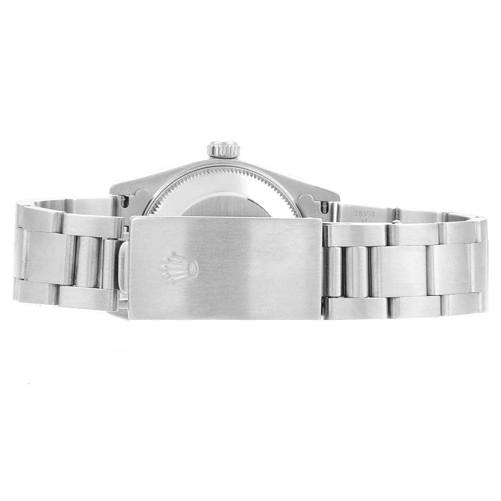 This image shows the back view of a Rolex Mid-Size 78240 Women's Stainless Steel Black Dial 78240 Women's Stainless Steel Black Dial model watch, highlighting its clasp and bracelet.