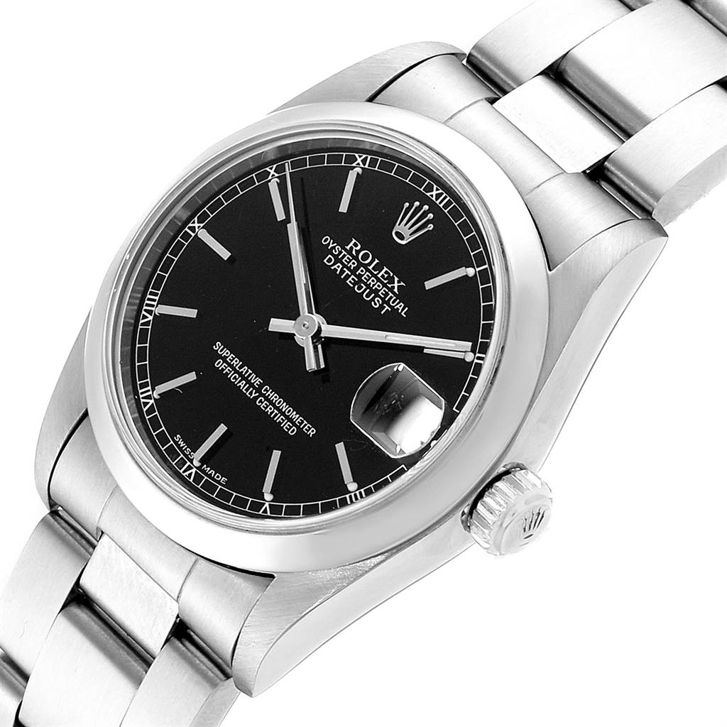The Rolex Mid-Size 78240 Women's Stainless Steel Black Dial 78240 Women's Stainless Steel Black Dial watch is shown at a slight angle, highlighting its black dial, crown, case, bracelet, and date window.