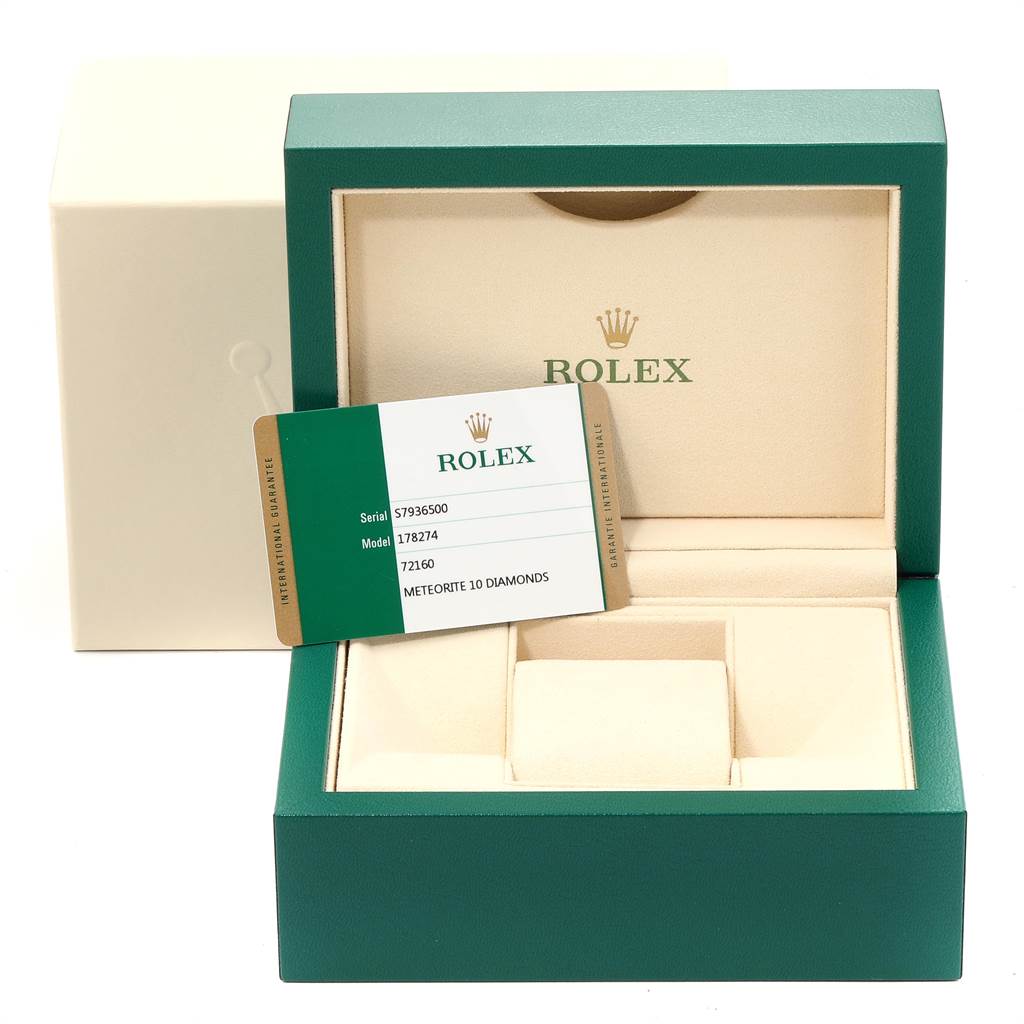 The image shows a Rolex Mid-Size 178274 Women's Stainless Steel Silver Dial 178274 Women's Stainless Steel Silver Dial model watch box at a front angle, displaying the inner watch case and a warranty card.