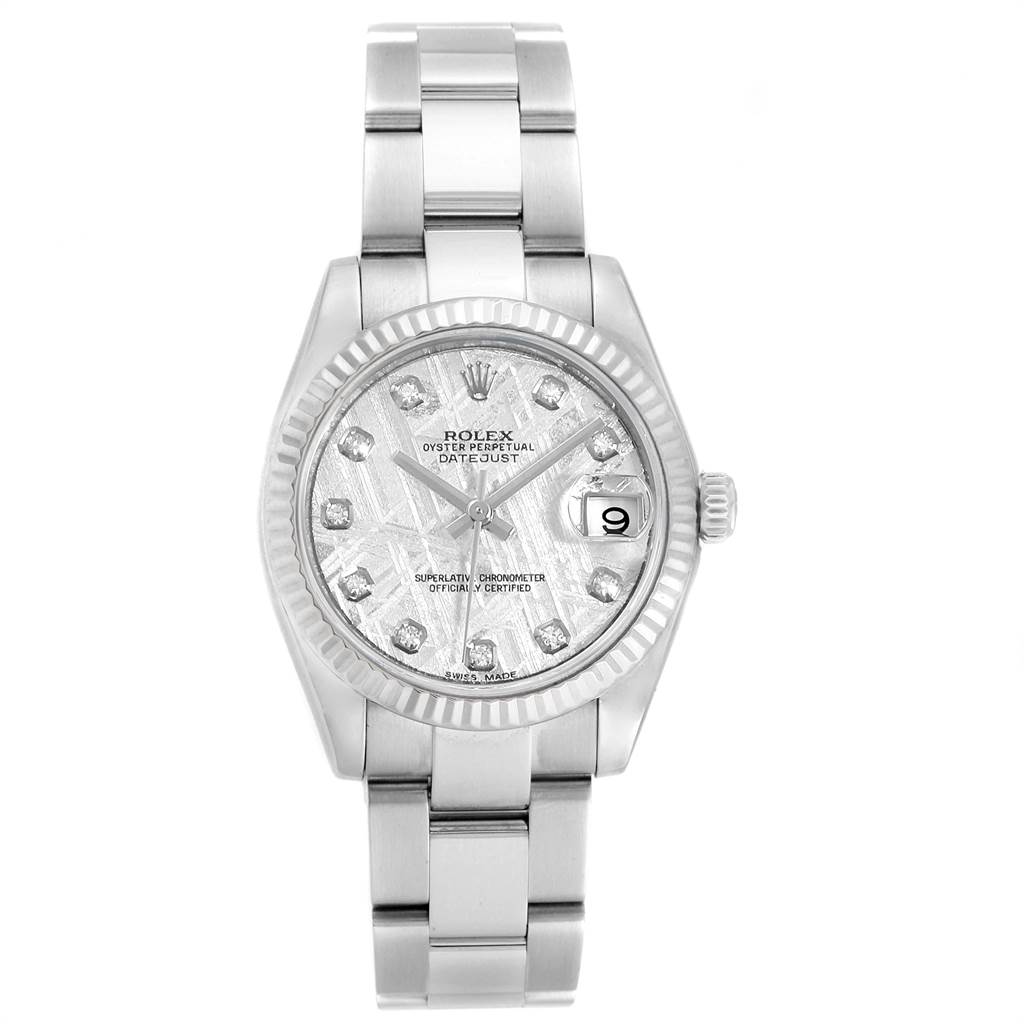 This Rolex Mid-Size 178274 Women's Stainless Steel Silver Dial 178274 Women's Stainless Steel Silver Dial Datejust watch is shown from the front, displaying its dial, hands, bezel, and bracelet.