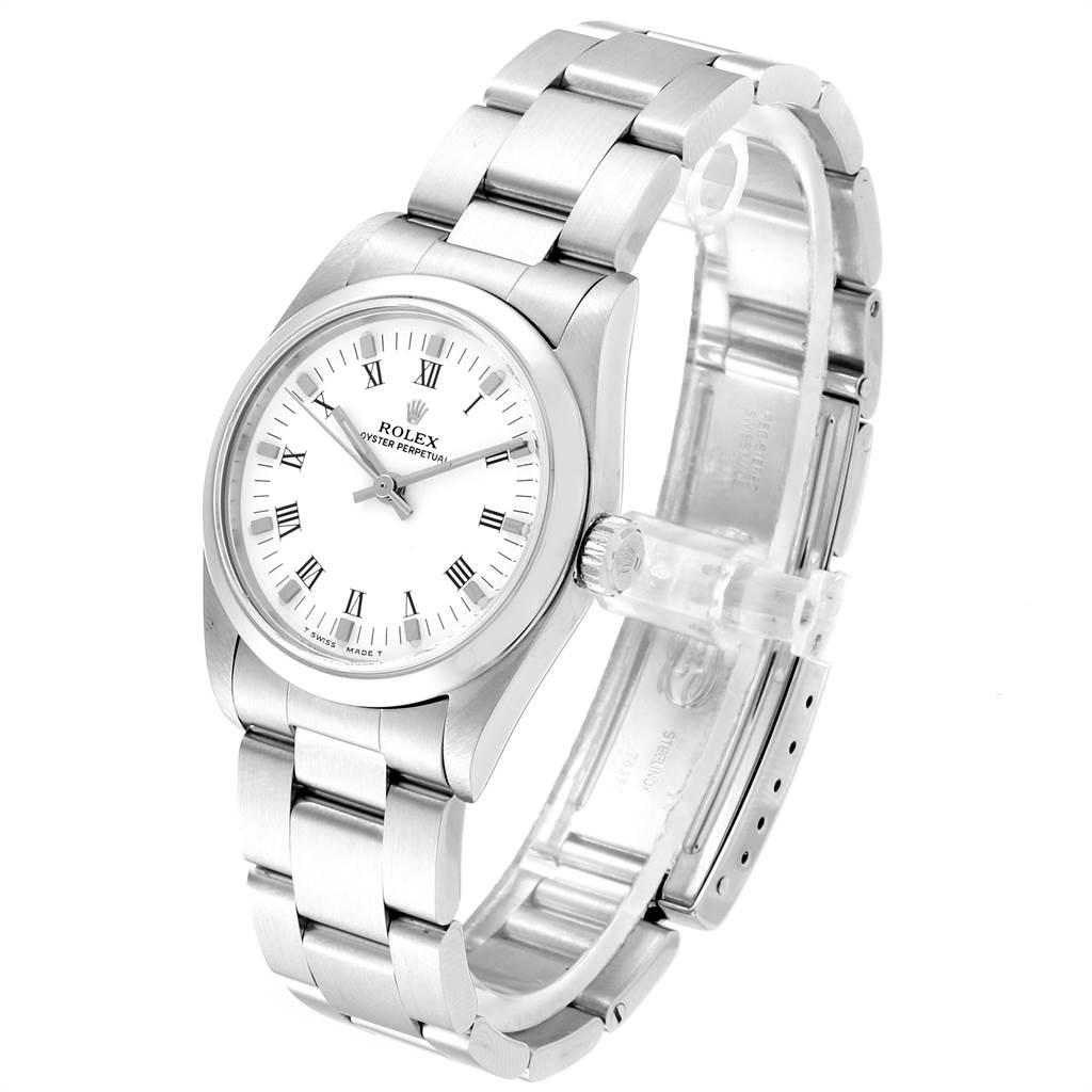 The image shows a Mid-Size Rolex watch at an angled view, including the face, crown, and bracelet, partially unclasped.