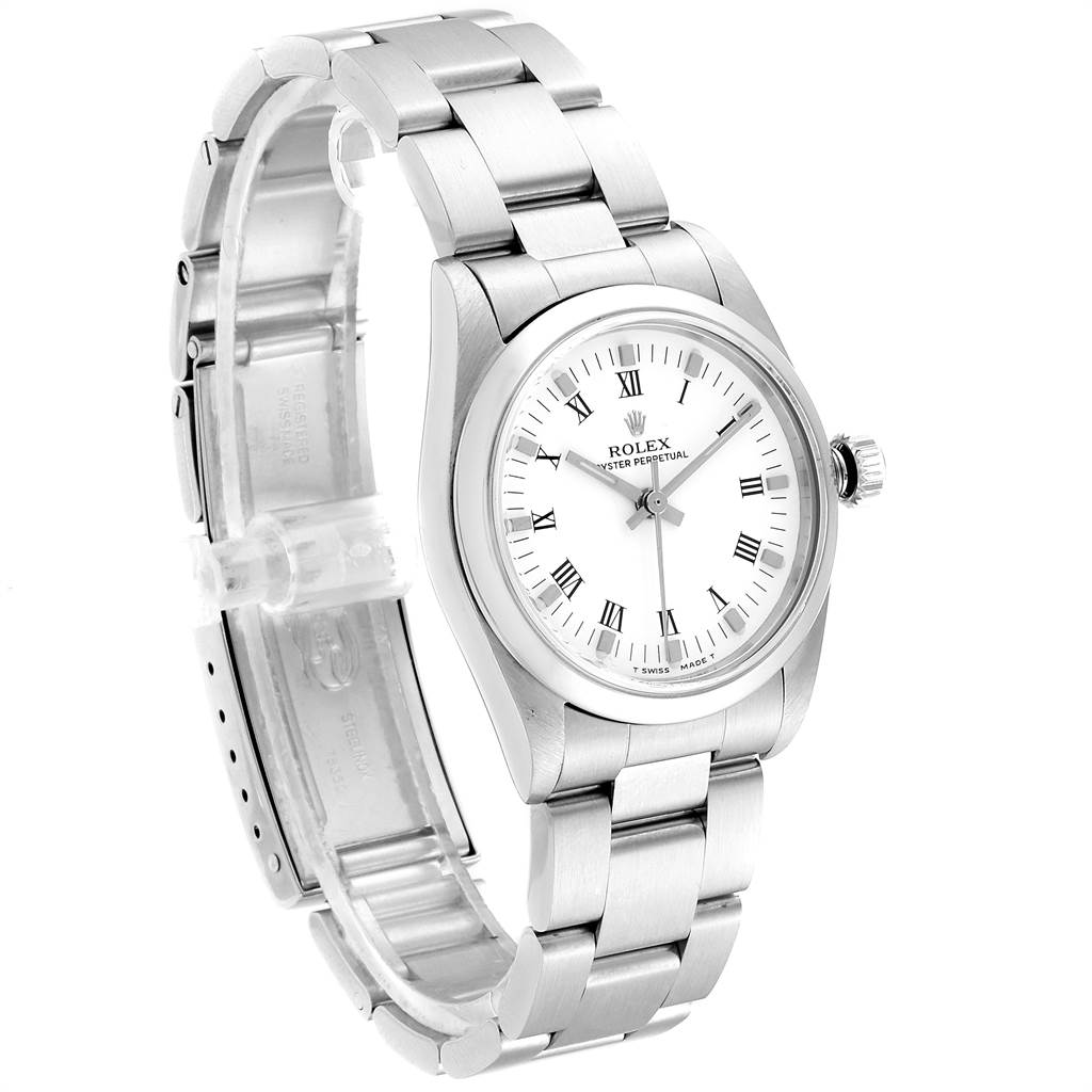 The Rolex Mid-Size 77080 Women's Stainless Steel White Dial 77080 Women's Stainless Steel White Dial model watch is shown at a slight angle, displaying its face, bezel, crown, and bracelet.