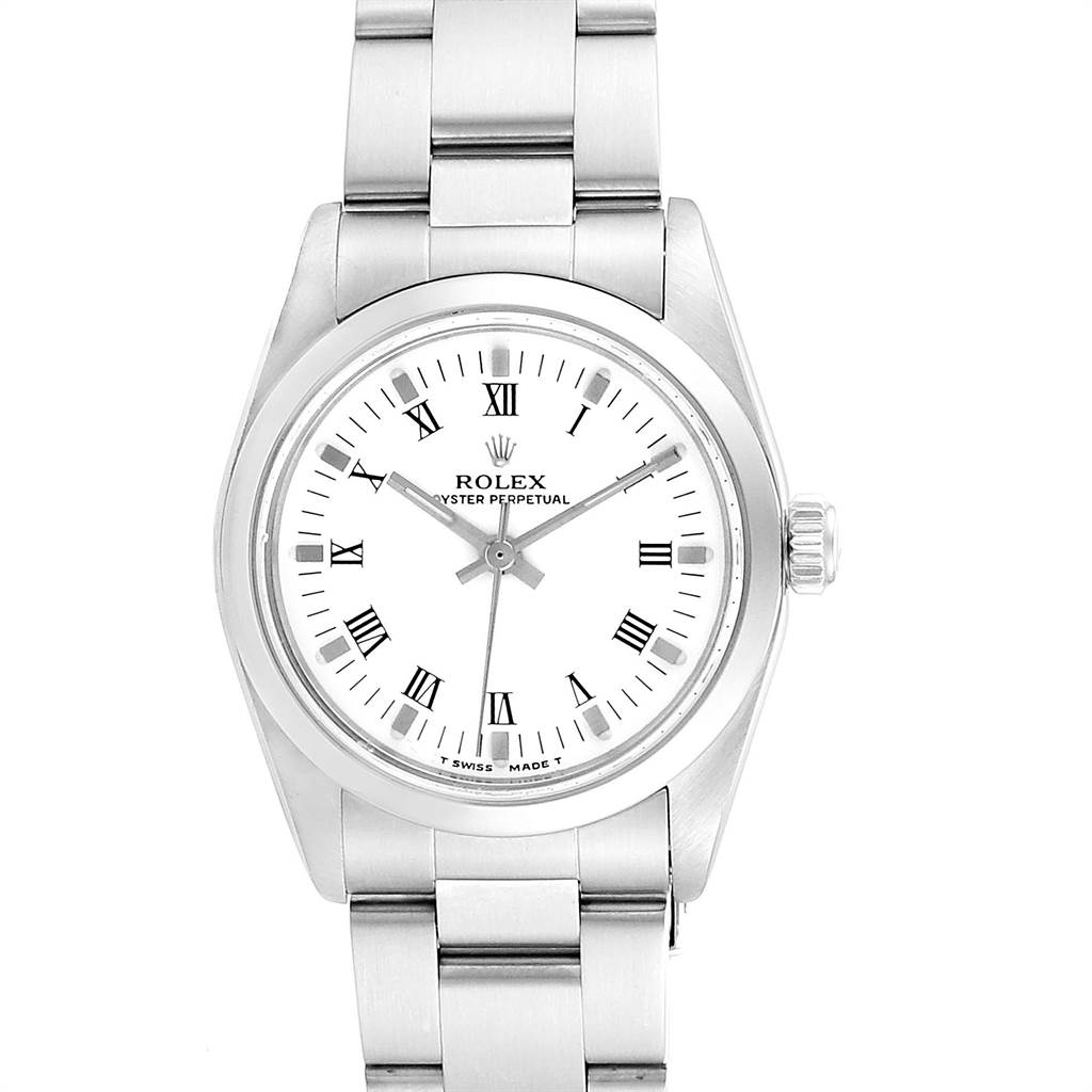 The Rolex Mid-Size 77080 Women's Stainless Steel White Dial 77080 Women's Stainless Steel White Dial model is shown from the front, displaying the dial, case, and part of the bracelet.
