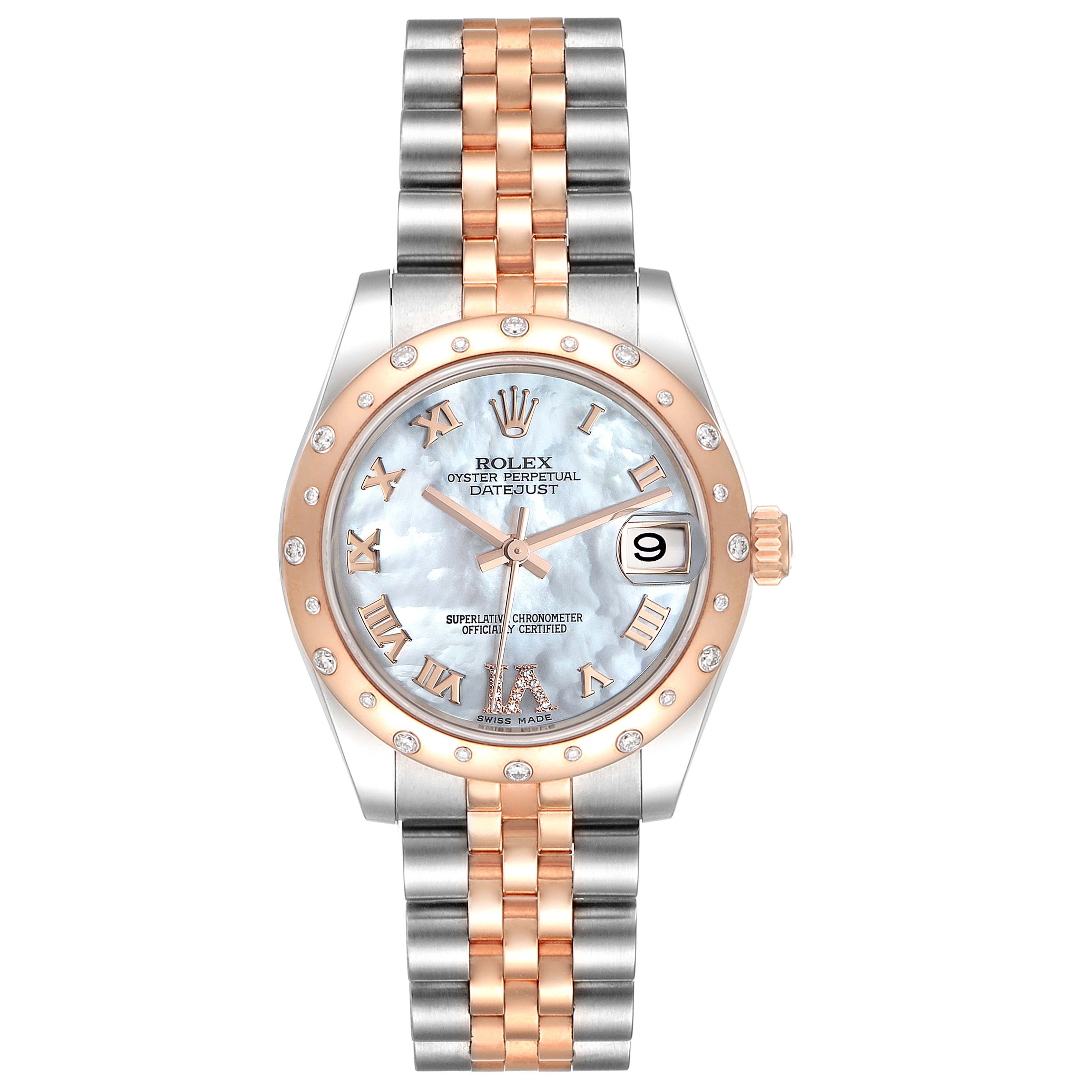 The Rolex Mid-Size 178341 Women's Steel and Gold (two tone) Mother of Pearl Dial 178341 Women's Steel and Gold (two tone) Mother of Pearl Dial watch is shown from the front, displaying the face, bezel, and two-tone bracelet.