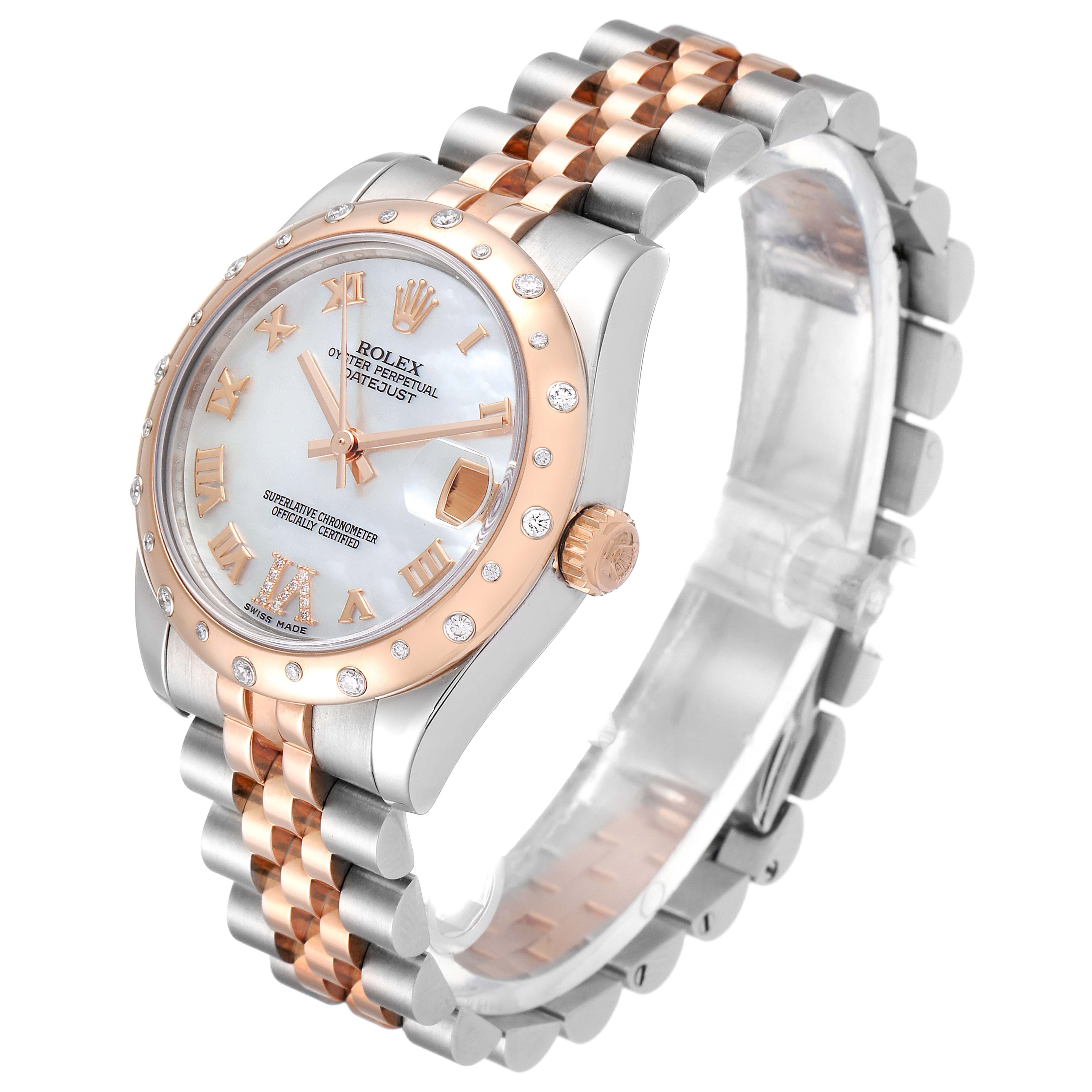 The image shows a Rolex Oyster Perpetual Datejust Mid-Size model at an oblique angle, highlighting the face and two-tone bracelet.