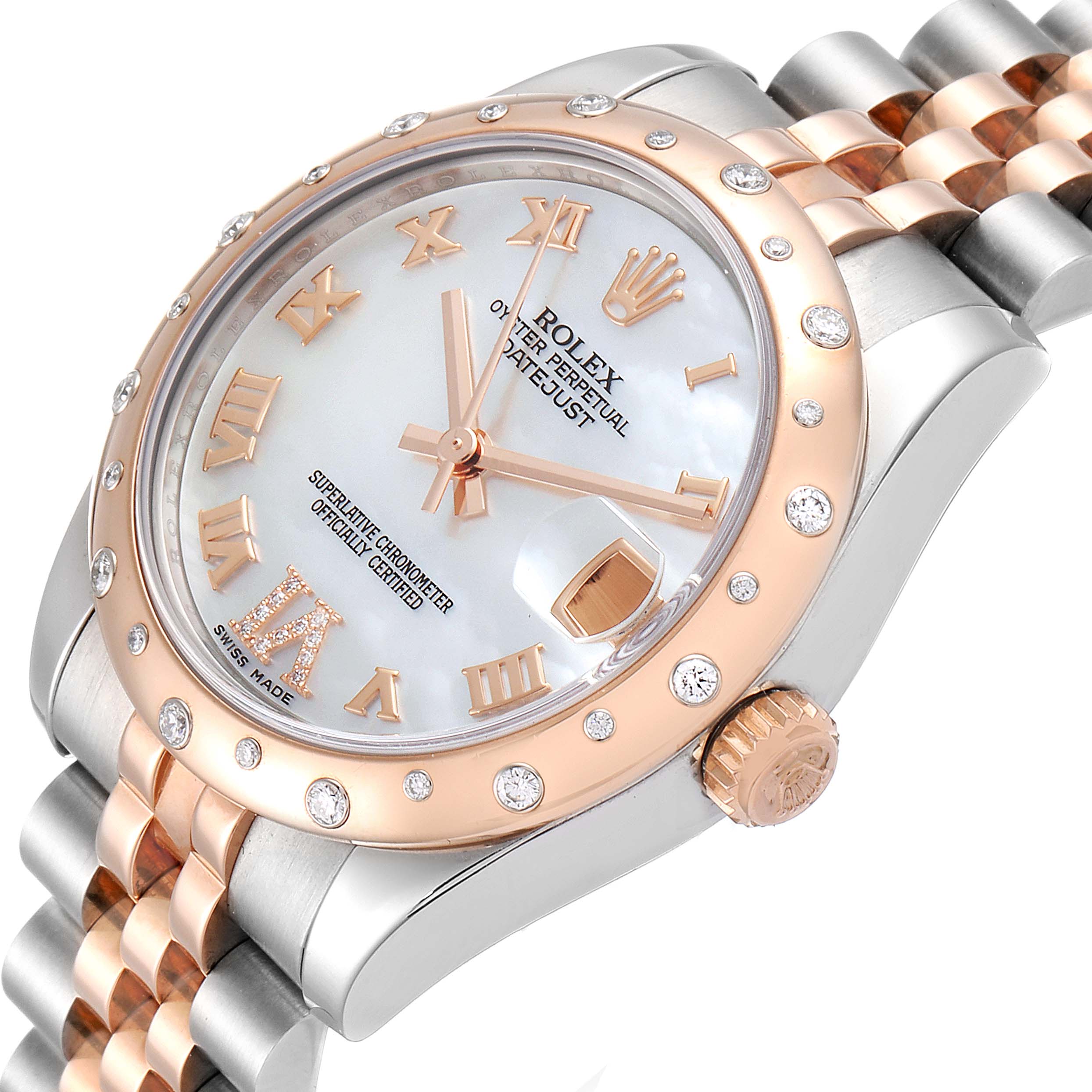 The image shows a side-angled view of a Rolex Mid-Size 178341 Women's Steel and Gold (two tone) Mother of Pearl Dial 178341 Women's Steel and Gold (two tone) Mother of Pearl Dial Datejust watch, highlighting the crown, bezel, and part of the bracelet.