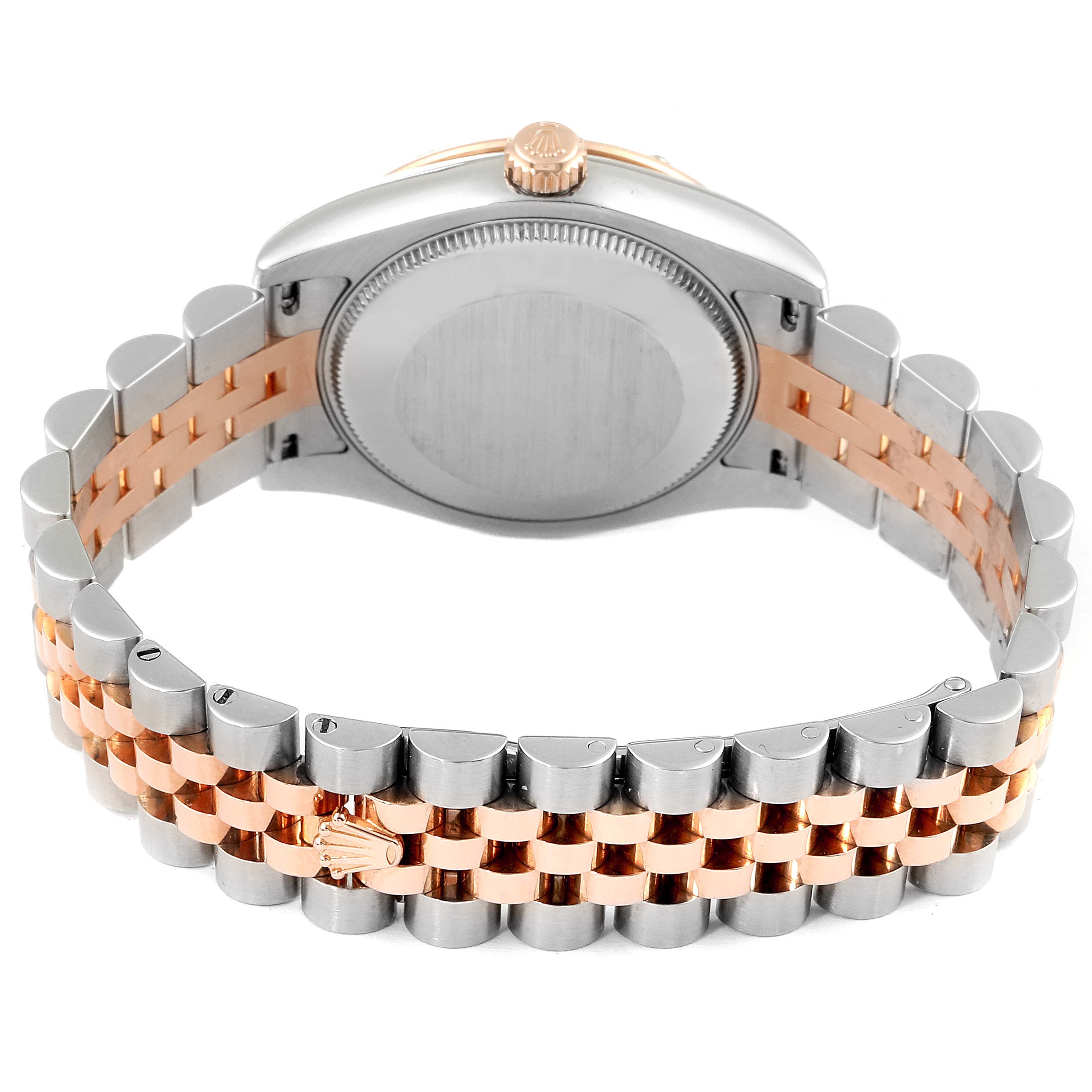 The image shows the back of a Rolex Mid-Size 178341 Women's Steel and Gold (two tone) Mother of Pearl Dial 178341 Women's Steel and Gold (two tone) Mother of Pearl Dial model watch, highlighting its two-tone bracelet and case back.