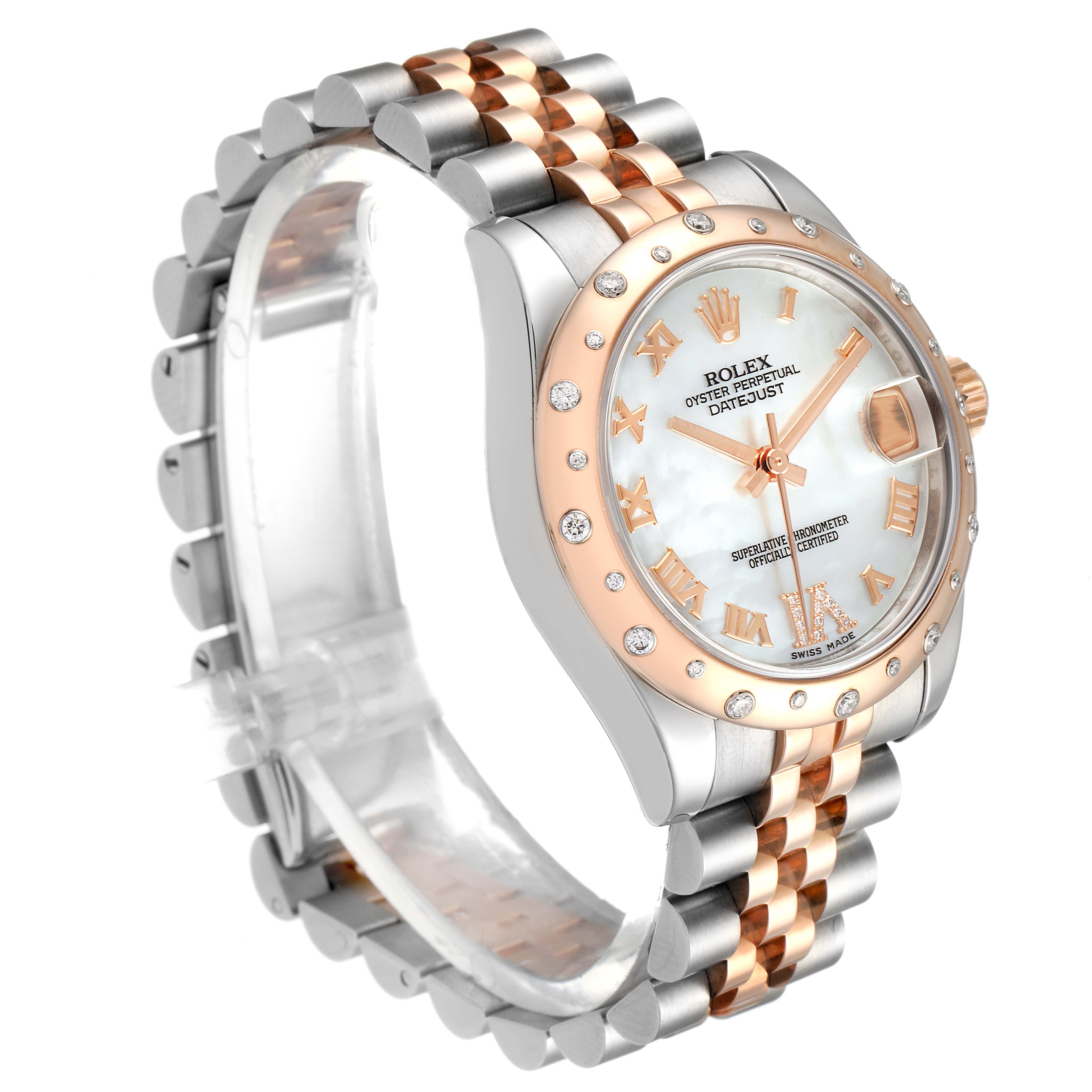 The Rolex Mid-Size 178341 Women's Steel and Gold (two tone) Mother of Pearl Dial 178341 Women's Steel and Gold (two tone) Mother of Pearl Dial watch is shown at a three-quarter angle, displaying the face, bezel, crown, and part of the bracelet.