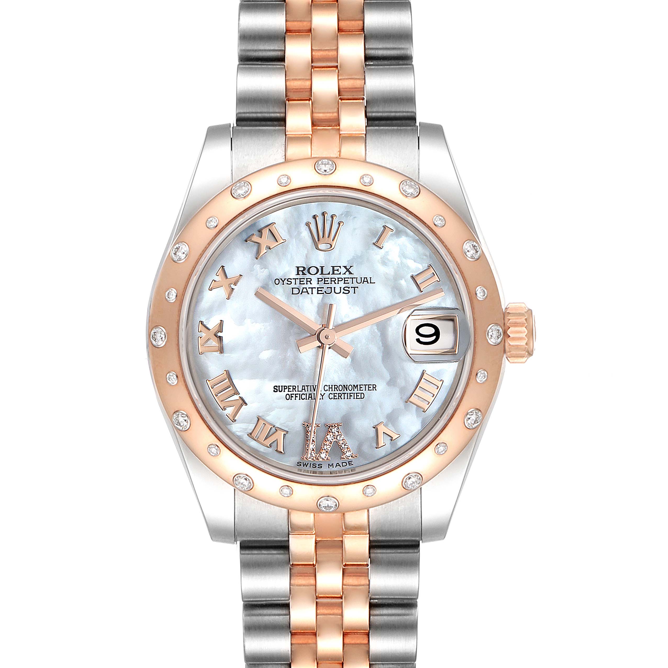 The image shows a front view of a Rolex Mid-Size 178341 Women's Steel and Gold (two tone) Mother of Pearl Dial 178341 Women's Steel and Gold (two tone) Mother of Pearl Dial Oyster Perpetual Datejust watch, highlighting its dial, bezel, and bracelet.