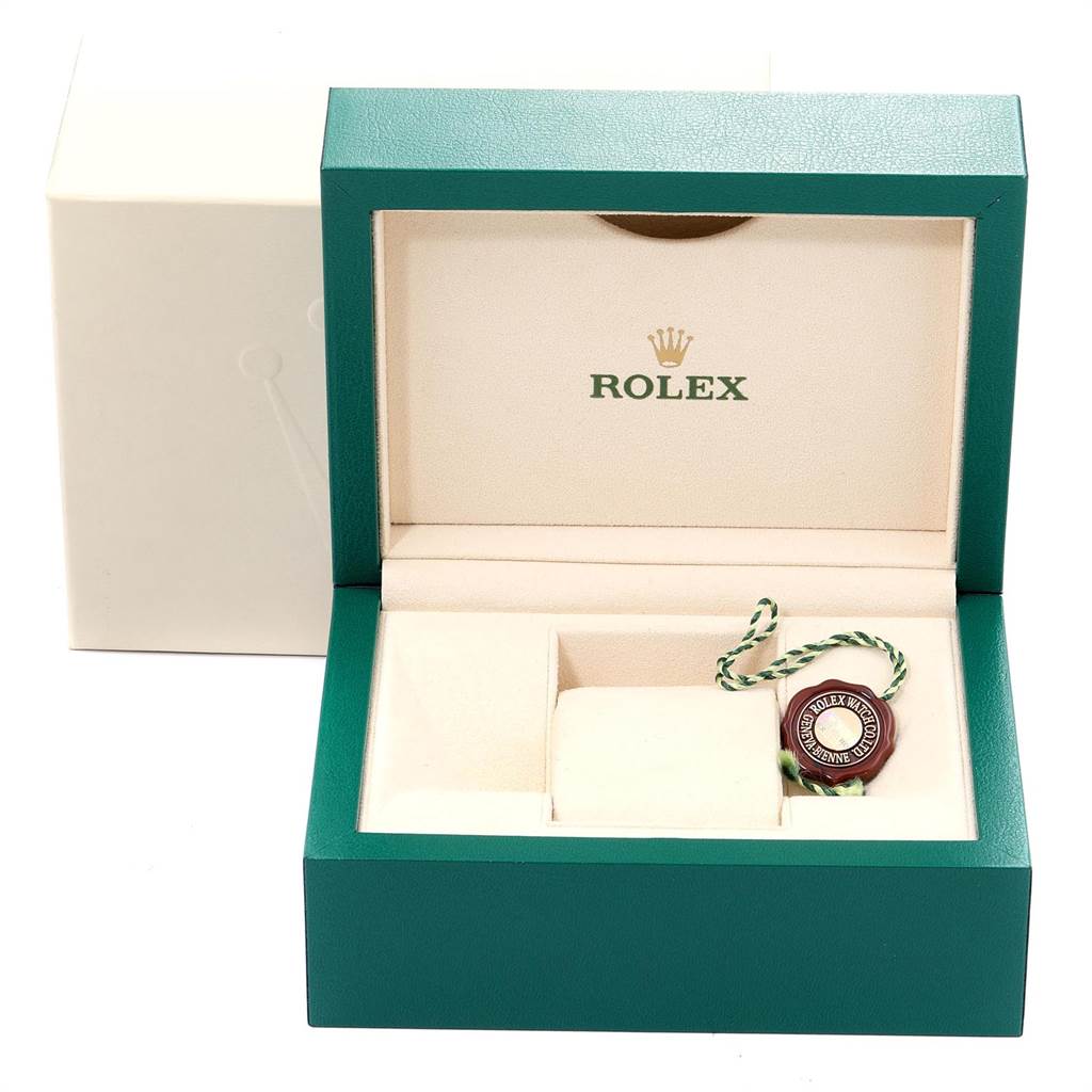 This image shows an empty Rolex Mid-Size 178341 Women's Steel and Gold (two tone) Mother of Pearl Dial 178341 Women's Steel and Gold (two tone) Mother of Pearl Dial watch box with a green and white tag inside, viewed from the front.