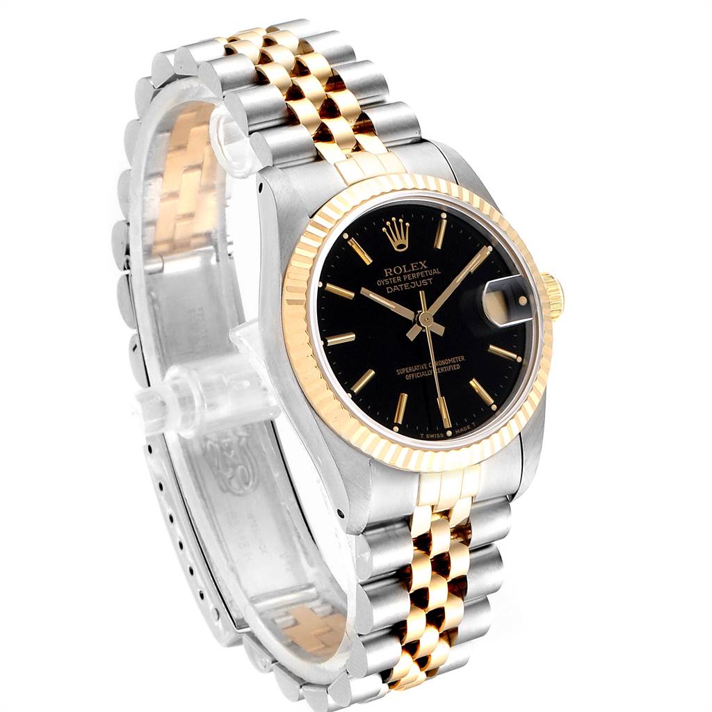 This image shows a Mid-Size Rolex Oyster Perpetual Datejust watch at an angled view, displaying its dial, bezel, and two-tone bracelet.