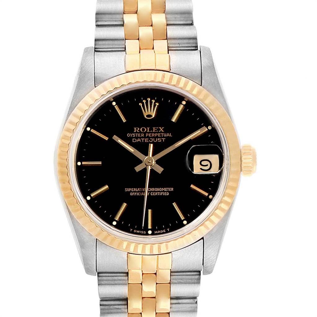 This image shows a front view of a Rolex Mid-Size 68273 Women's Steel and Gold (two tone) Black Dial 68273 Women's Steel and Gold (two tone) Black Dial Datejust watch featuring a black dial, gold fluted bezel, and two-tone bracelet.