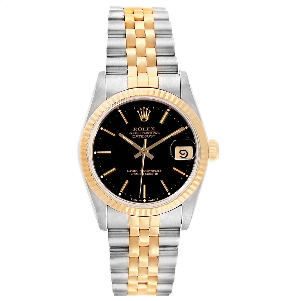 The image shows a front view of a Rolex Datejust Mid-Size watch with a black dial and a two-tone metal bracelet.