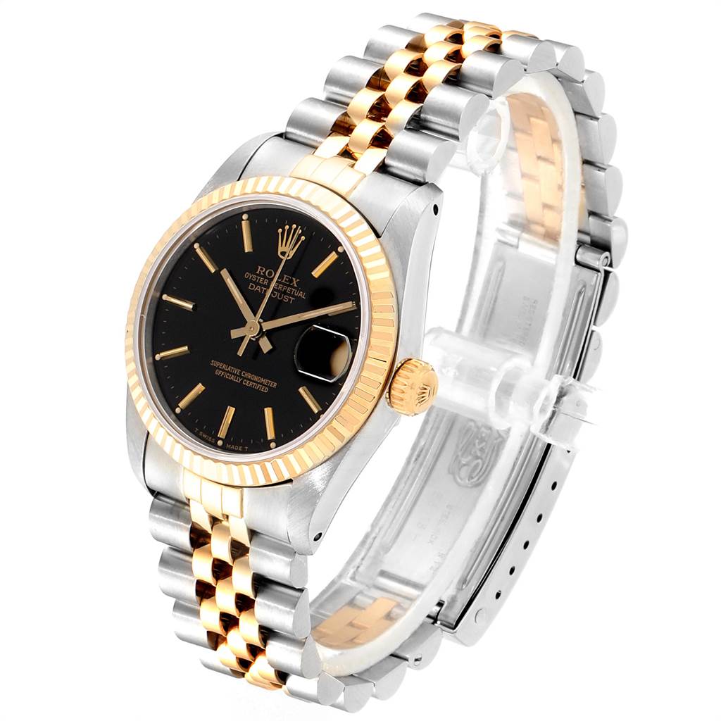 The image shows a Mid-Size Rolex Datejust watch at a three-quarter angle, highlighting the face, bezel, and bracelet.