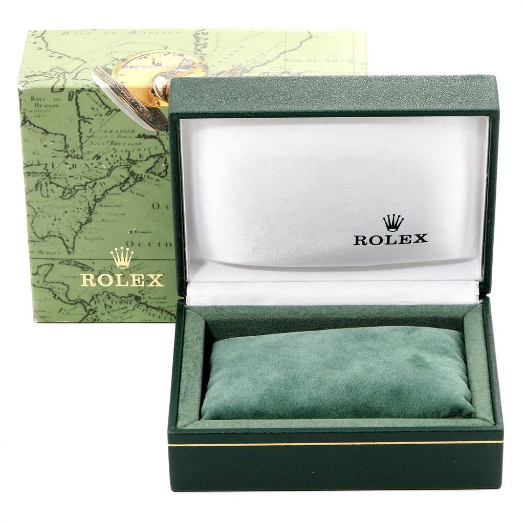 The image shows an open Rolex watch box, with the Mid-Size model packaging and cushion inside.