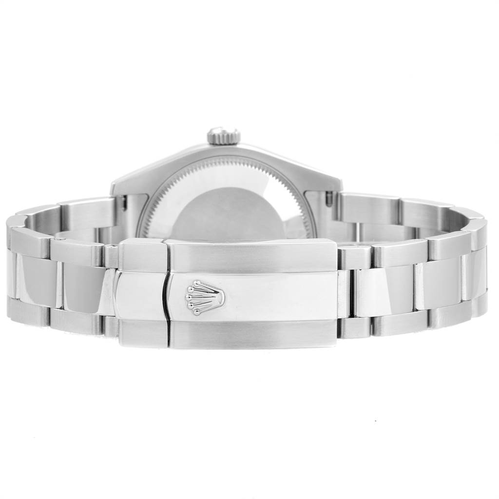 This is a rear view angle of a Rolex Mid-Size 178344 Women's Stainless Steel Blue Dial 178344 Women's Stainless Steel Blue Dial model, showing the bracelet and clasp.