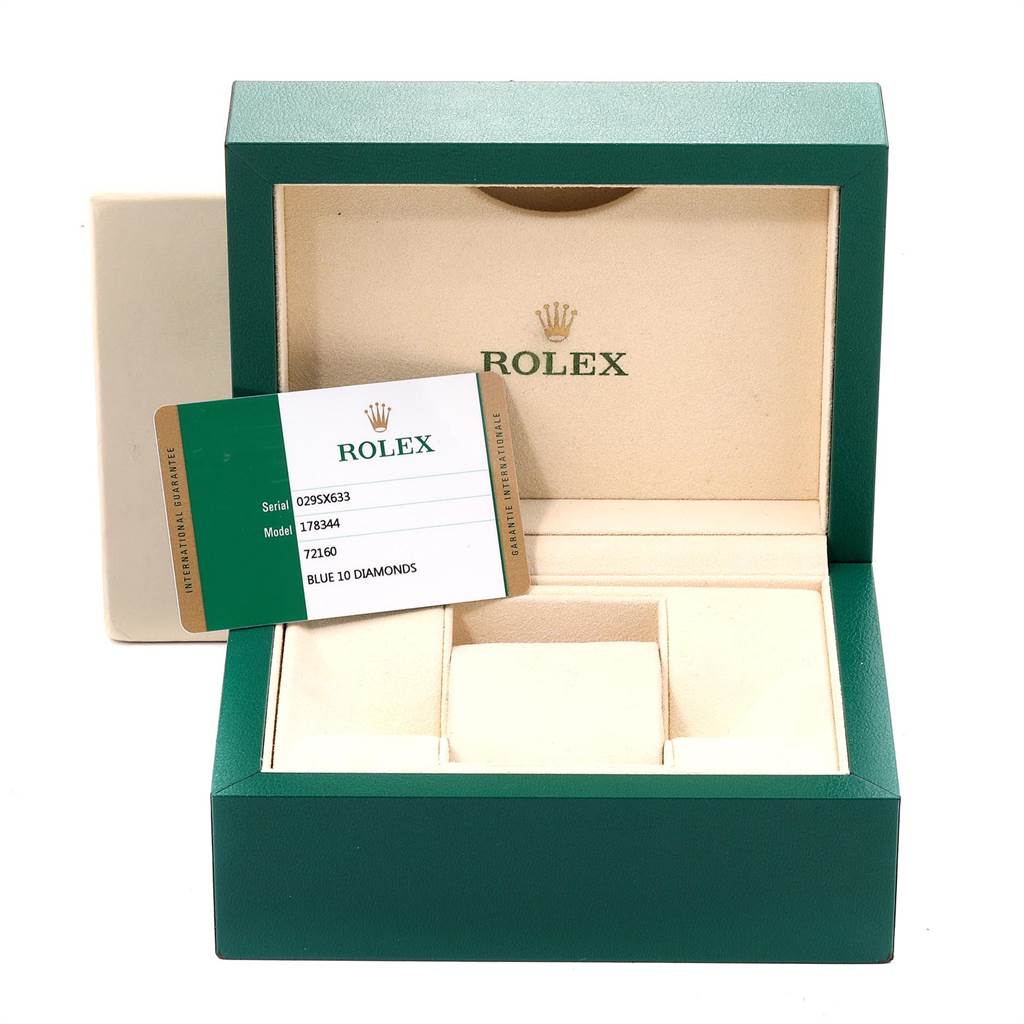 The image shows an open green Rolex watch box with an empty interior and a Rolex card for the Mid-Size model 178344.