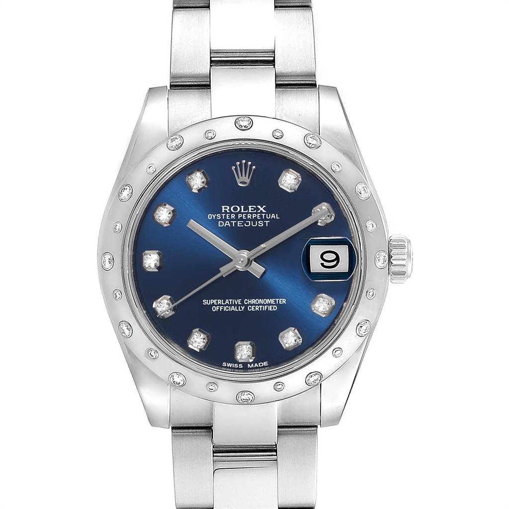 This image shows a frontal view of the Rolex Oyster Perpetual Datejust Mid-Size model, highlighting the dial, bezel, and bracelet.