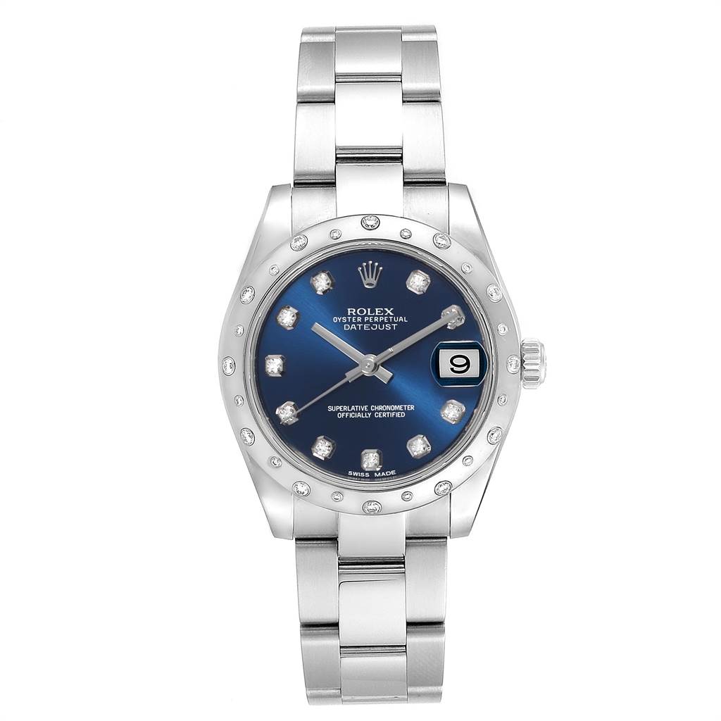 This image shows a front view of a Rolex Mid-Size 178344 Women's Stainless Steel Blue Dial 178344 Women's Stainless Steel Blue Dial Oyster Perpetual Datejust watch with a blue dial and stainless steel bracelet.