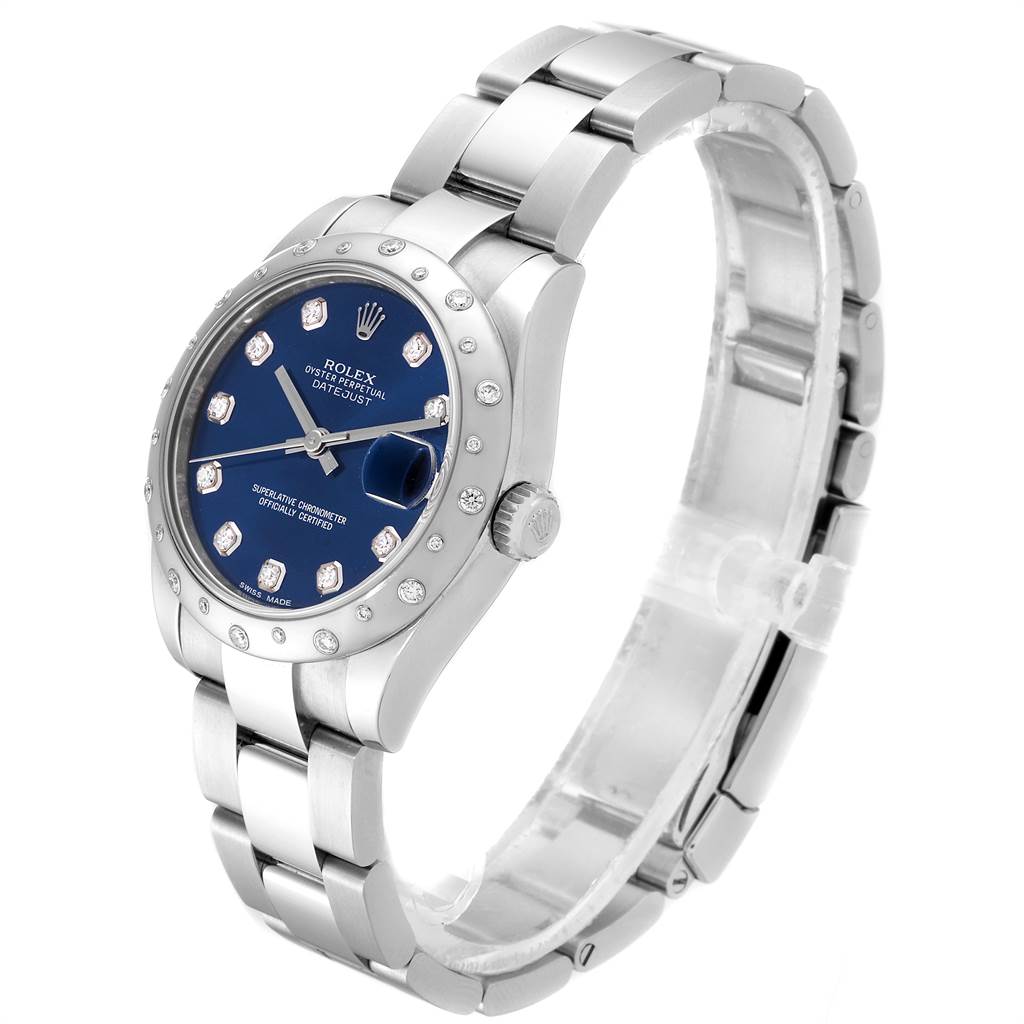 The image shows a Rolex Mid-Size 178344 Women's Stainless Steel Blue Dial 178344 Women's Stainless Steel Blue Dial Datejust watch at an angled side view, displaying its blue dial, bezel, crown, and metal bracelet.