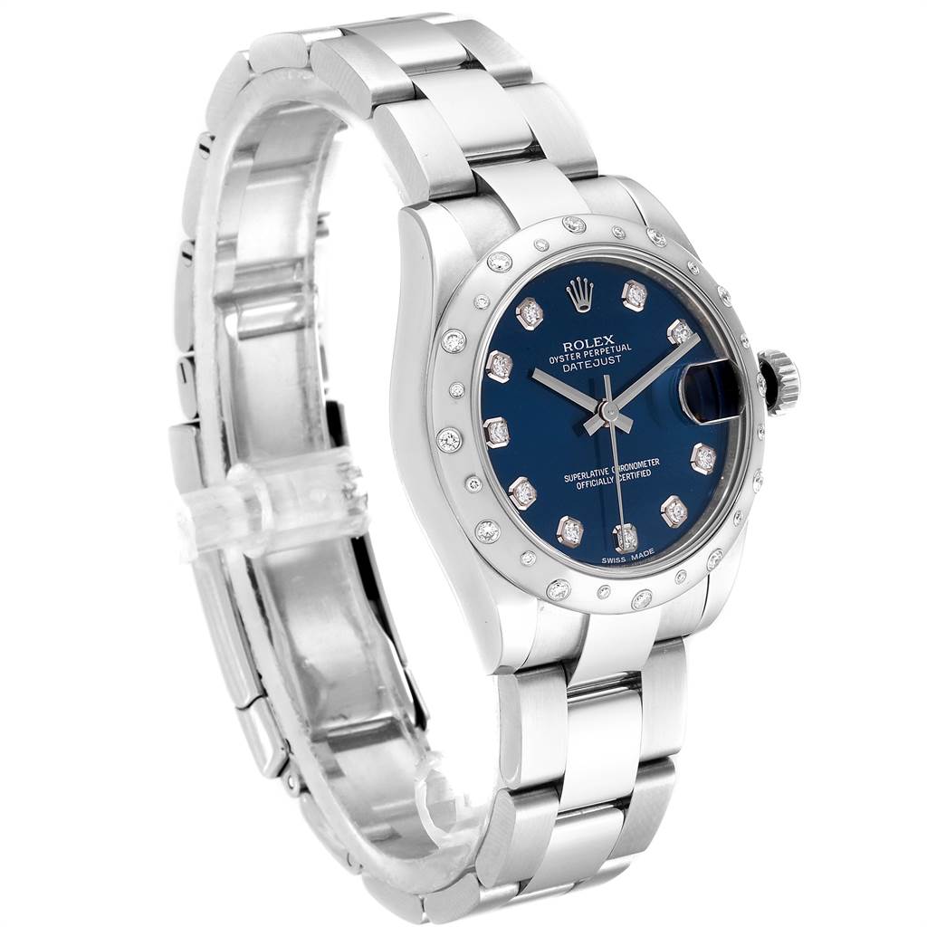 The image shows a side angle view of the Rolex Mid-Size 178344 Women's Stainless Steel Blue Dial 178344 Women's Stainless Steel Blue Dial Datejust's face, bracelet, and crown.
