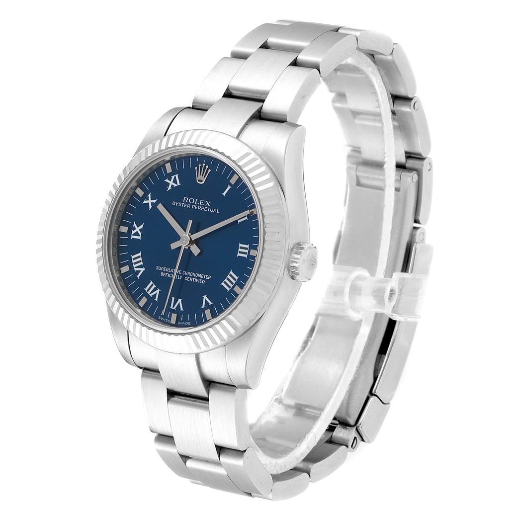 The Rolex Mid-Size 177234 Women's Stainless Steel Blue Dial 177234 Women's Stainless Steel Blue Dial model watch is shown at an angle highlighting its blue dial, silver bezel, and metallic bracelet.
