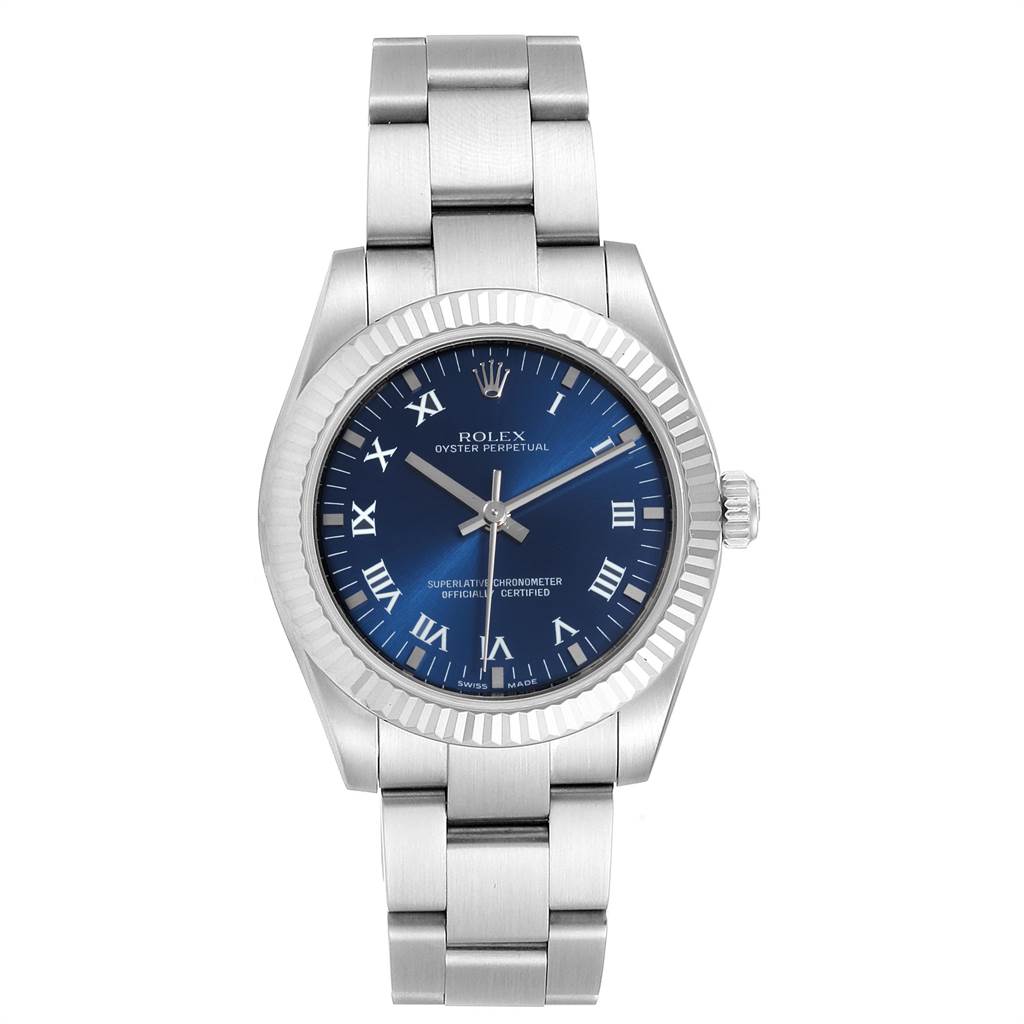 This image shows a front view of a Rolex Oyster Perpetual Mid-Size watch with a blue dial and stainless steel bracelet.