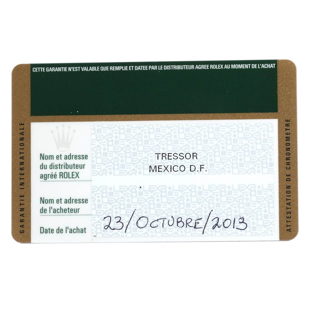 The image shows a warranty card for a Rolex Mid-Size 177234 Women's Stainless Steel Blue Dial 177234 Women's Stainless Steel Blue Dial model, displaying purchase date and distributor details.