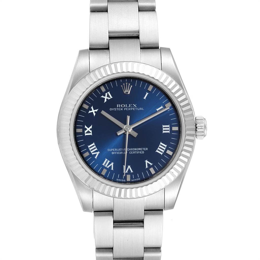 The image shows a front view of a Rolex Mid-Size 177234 Women's Stainless Steel Blue Dial 177234 Women's Stainless Steel Blue Dial Oyster Perpetual watch with a blue dial and Roman numeral markers.