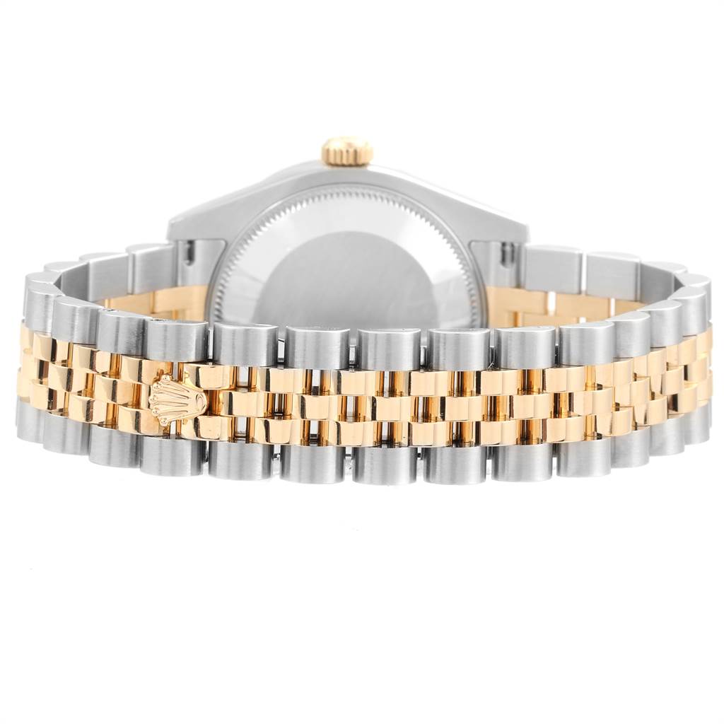 The image shows the back view of a Mid-Size Rolex watch, highlighting the two-tone bracelet and case back.