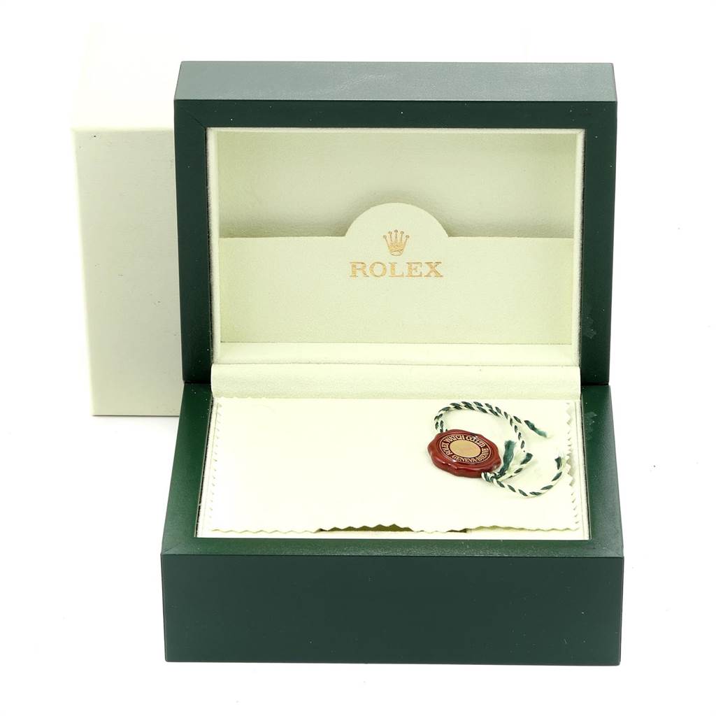 The image shows an open Rolex watch box with a tag for a Mid-Size model, viewed from the front.
