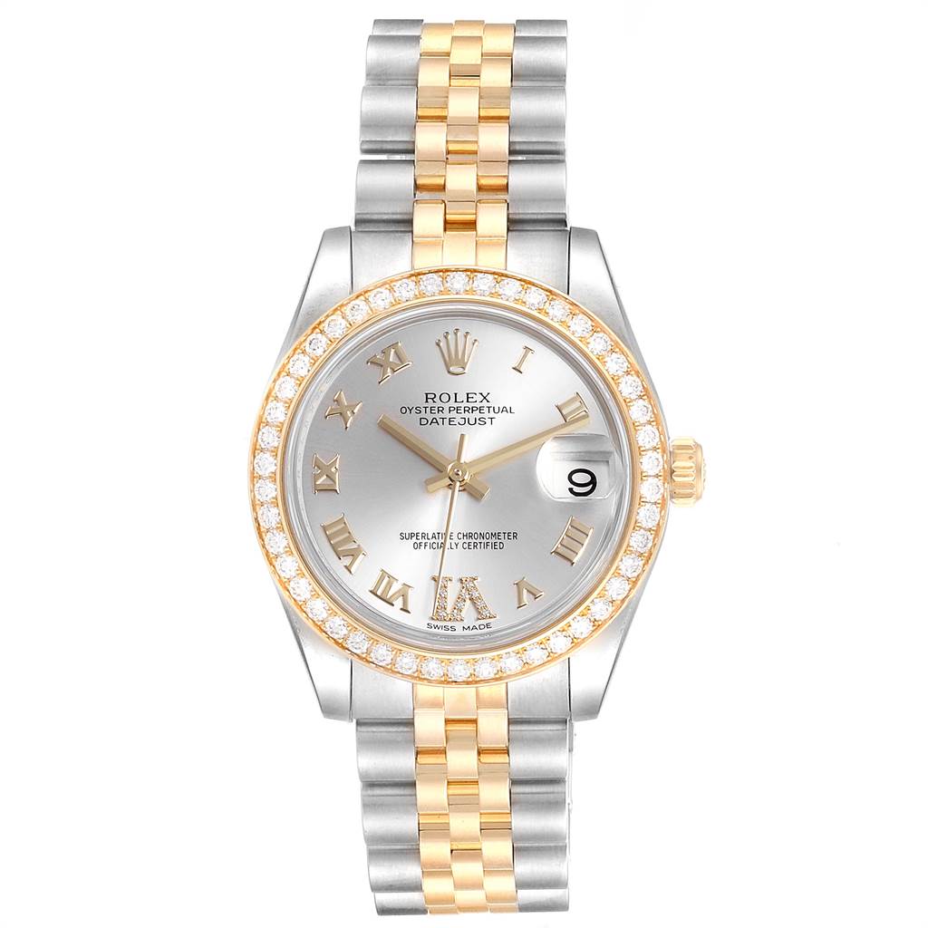 This image shows a frontal view of a Rolex Mid-Size 178383 Women's Steel and Gold (two tone) Silver Dial 178383 Women's Steel and Gold (two tone) Silver Dial Oyster Perpetual Datejust watch with a two-tone bracelet and diamond bezel.