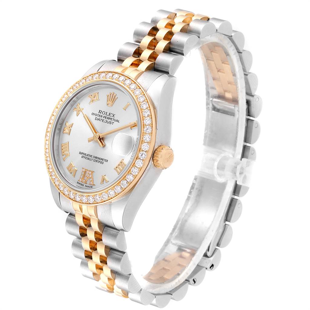 The image shows a side and partial top view of a Rolex Mid-Size 178383 Women's Steel and Gold (two tone) Silver Dial 178383 Women's Steel and Gold (two tone) Silver Dial Oyster Perpetual Datejust watch, displaying its face and bracelet.