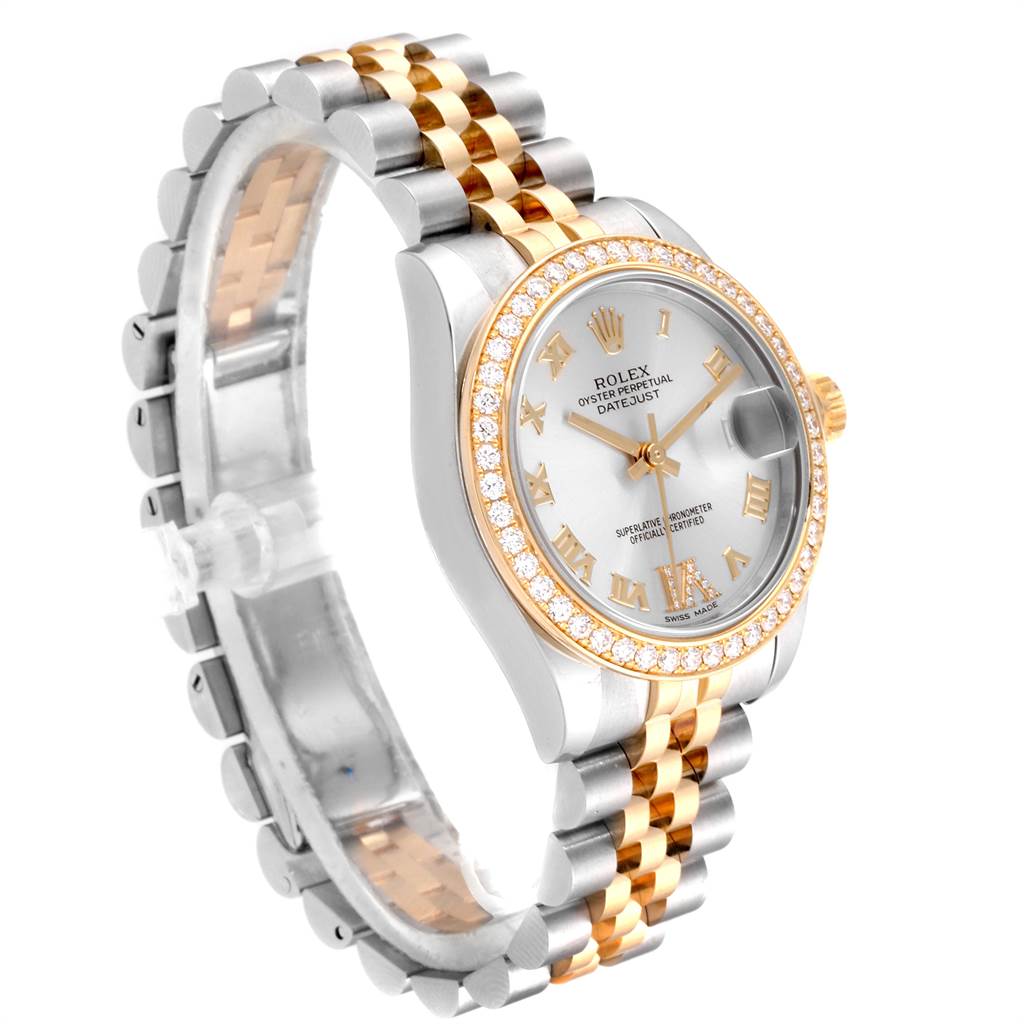 The image shows a three-quarter side view of a Rolex Mid-Size 178383 Women's Steel and Gold (two tone) Silver Dial 178383 Women's Steel and Gold (two tone) Silver Dial Datejust watch, highlighting the bezel, dial, and bracelet.