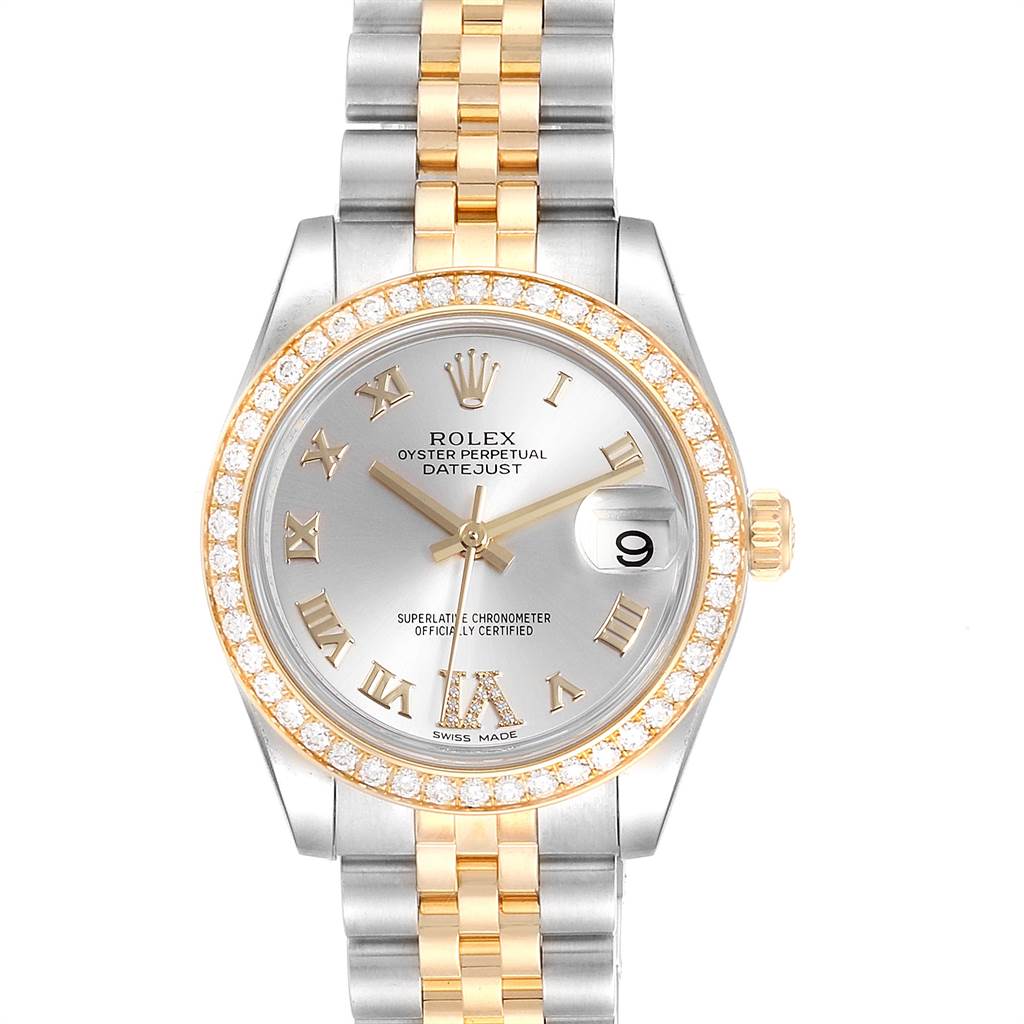 The image shows a front view of a Rolex Mid-Size 178383 Women's Steel and Gold (two tone) Silver Dial 178383 Women's Steel and Gold (two tone) Silver Dial Oyster Perpetual Datejust watch, highlighting its dial, bezel, and bracelet.