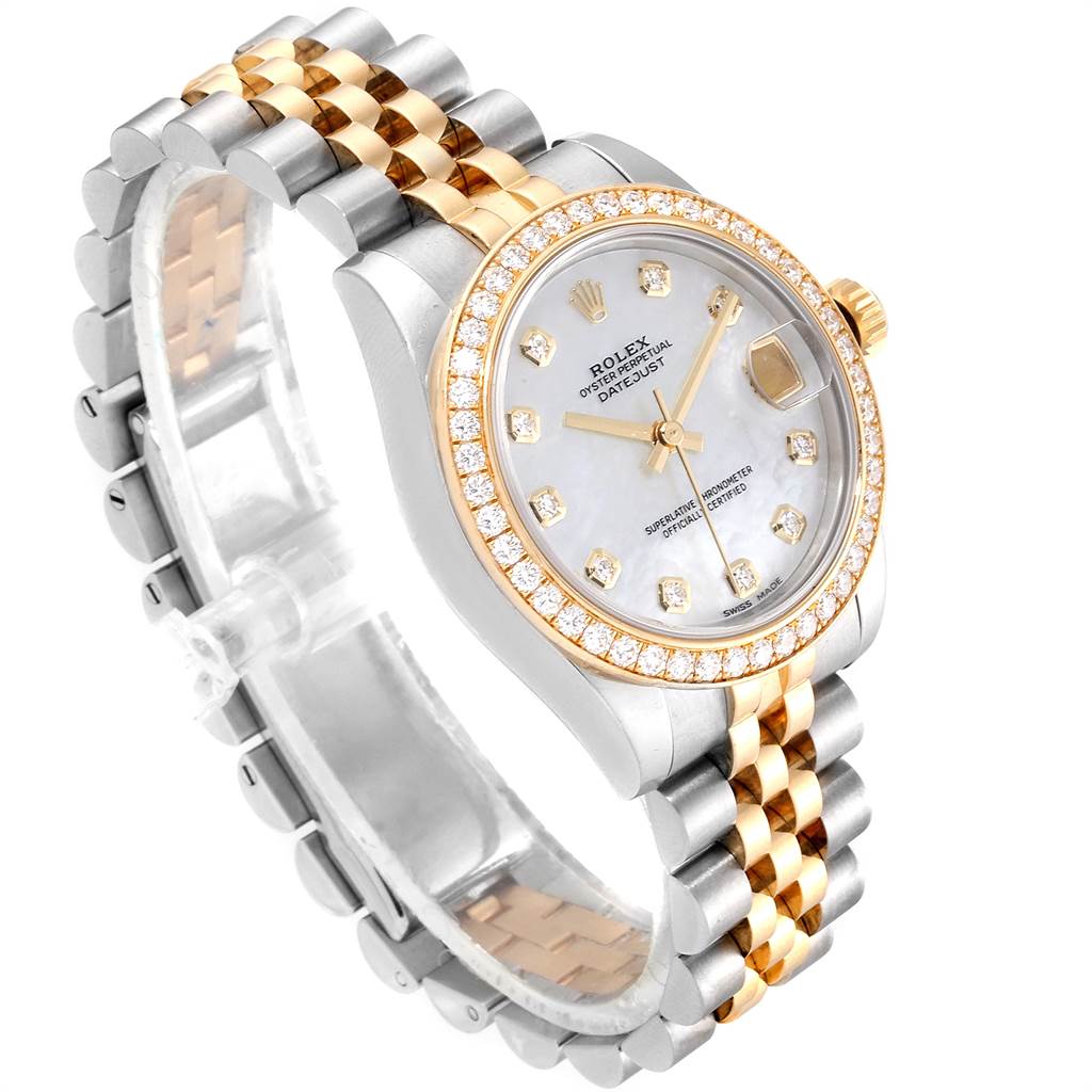 The Rolex Mid-Size 178383 Women's Steel and Gold (two tone) Mother of Pearl Dial 178383 Women's Steel and Gold (two tone) Mother of Pearl Dial watch shown is angled from the left side, displaying the dial, crown, and two-tone bracelet.