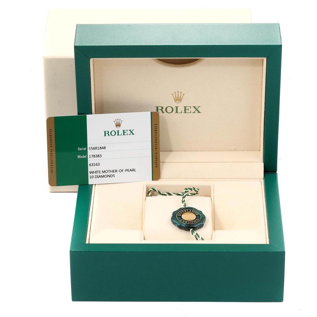 The image shows a Rolex Mid-Size 178383 Women's Steel and Gold (two tone) Mother of Pearl Dial 178383 Women's Steel and Gold (two tone) Mother of Pearl Dial model watch box, warranty card, and tag from an upper-front angle.