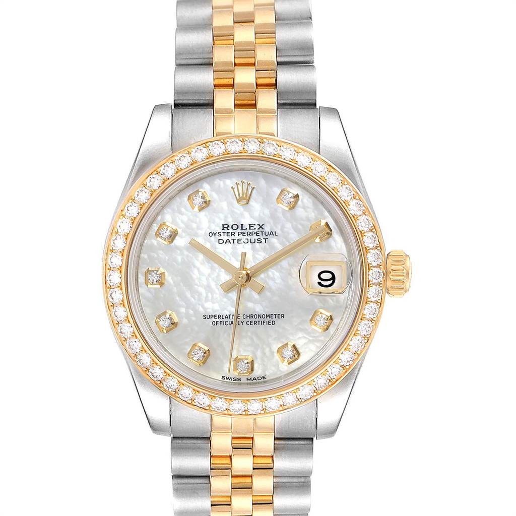 This Rolex Datejust Mid-Size watch is shown from a front angle, displaying the dial, bezel, hands, and bracelet.