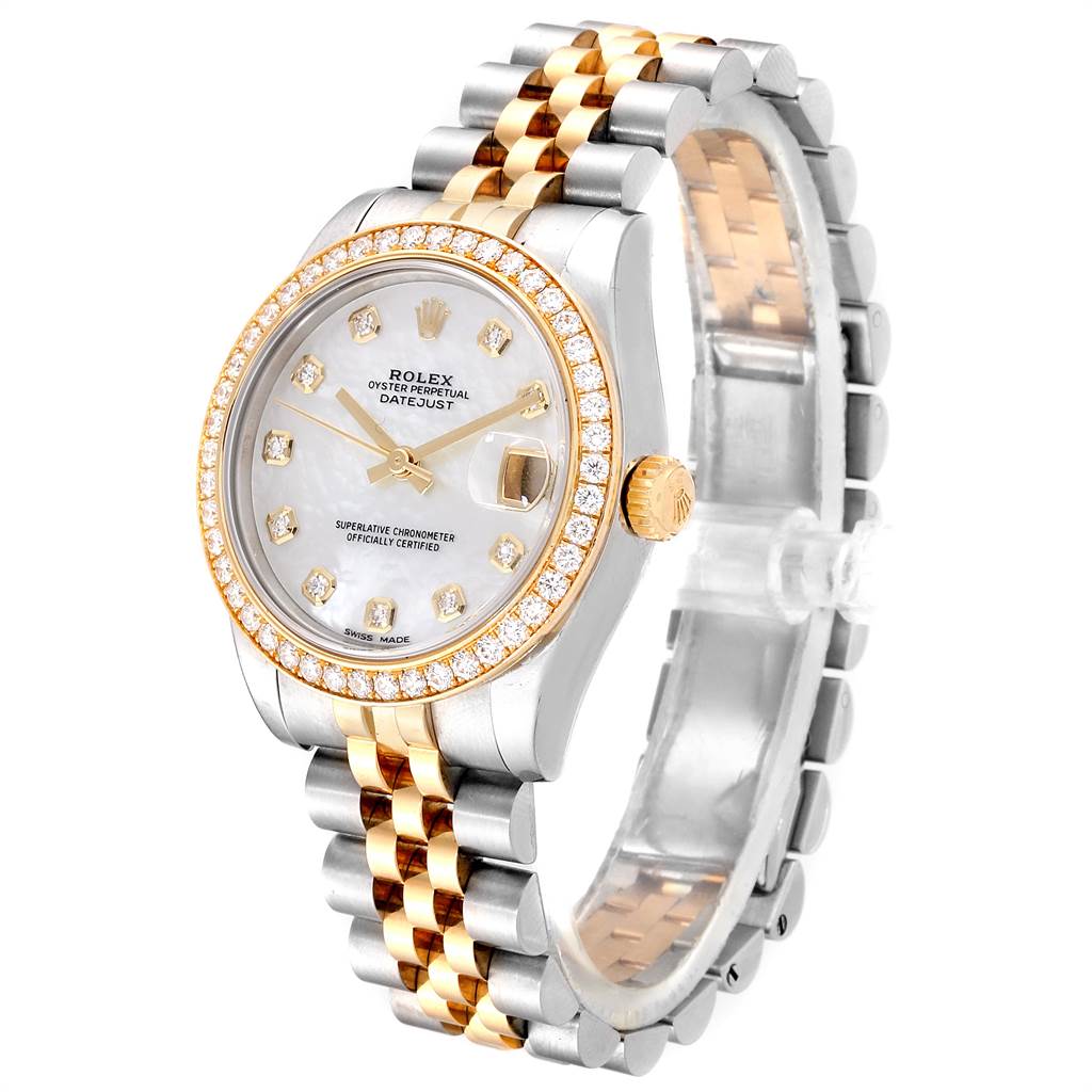 The image shows a front and side view of a mid-size Rolex Oyster Perpetual Datejust watch with a two-tone bracelet and diamond bezel.