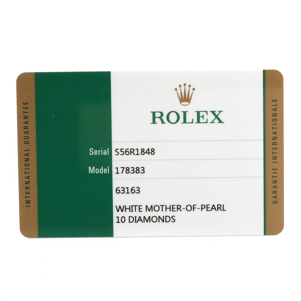 The image shows the international guarantee card for a Rolex Mid-Size 178383 Women's Steel and Gold (two tone) Mother of Pearl Dial 178383 Women's Steel and Gold (two tone) Mother of Pearl Dial model 178383.