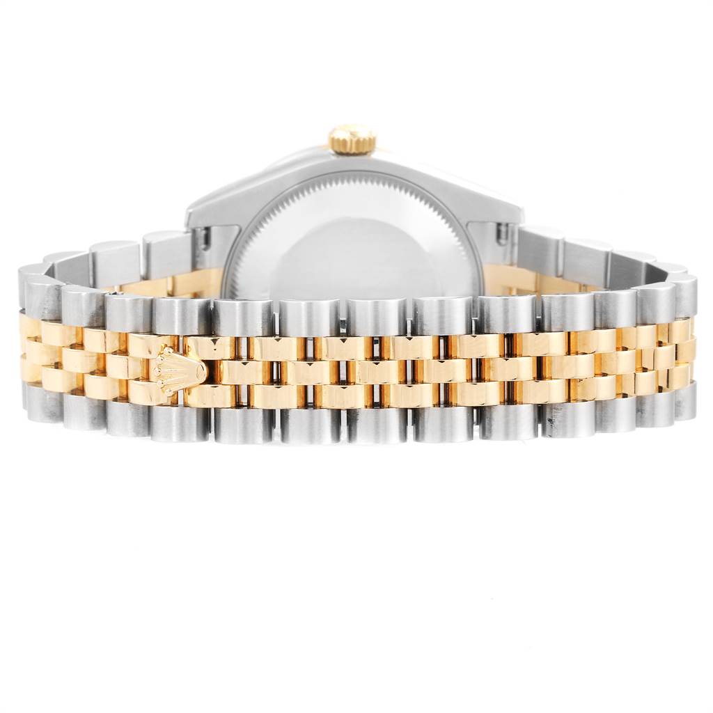 This image shows the back view of a Rolex Mid-Size 178383 Women's Steel and Gold (two tone) Mother of Pearl Dial 178383 Women's Steel and Gold (two tone) Mother of Pearl Dial watch, highlighting the two-tone bracelet and clasp.