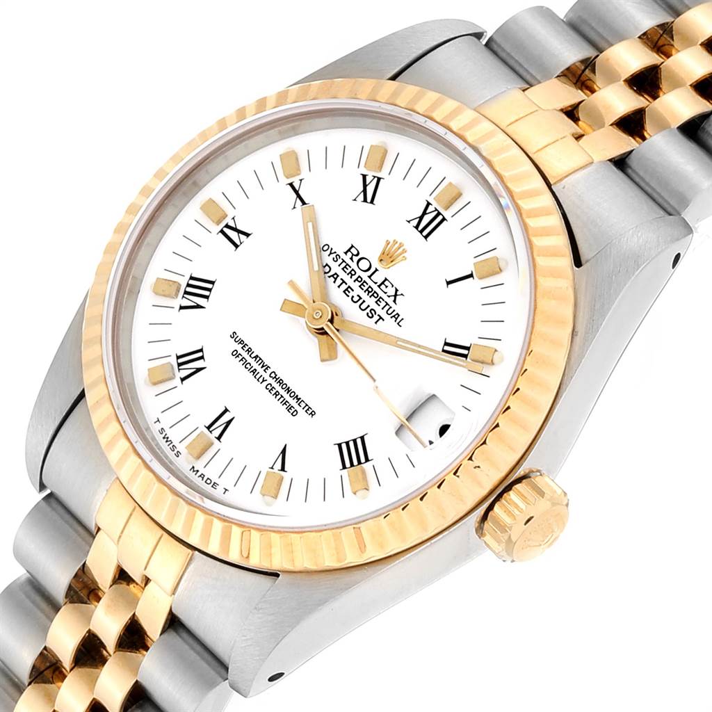 The Rolex Mid-Size 68273 Women
s Steel and Gold (two tone) White Dial 68273 Women
s Steel and Gold (two tone) White Dial watch is shown at a slight angle, revealing the face, bezel, and part of the two-tone bracelet.