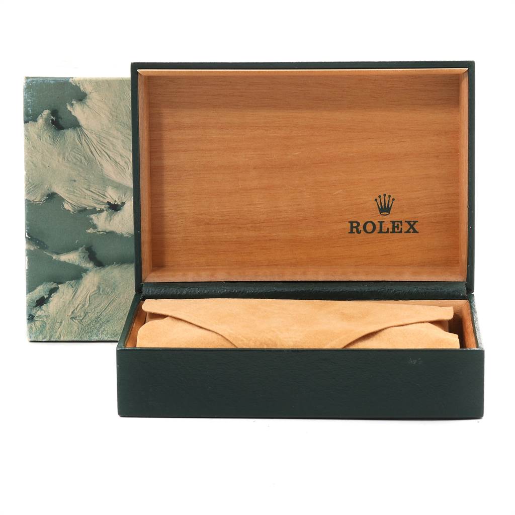 The image shows an open Rolex watch box for a Mid-Size model, revealing the inside with the Rolex logo and a leather cushion.